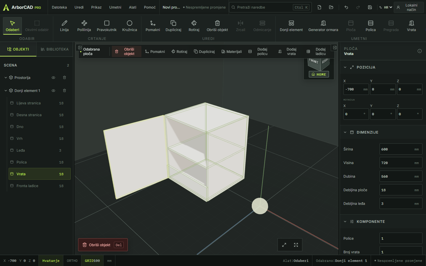 ArborCAD web editor s 3D prikazom elementa namještaja i otvorenim vratima
