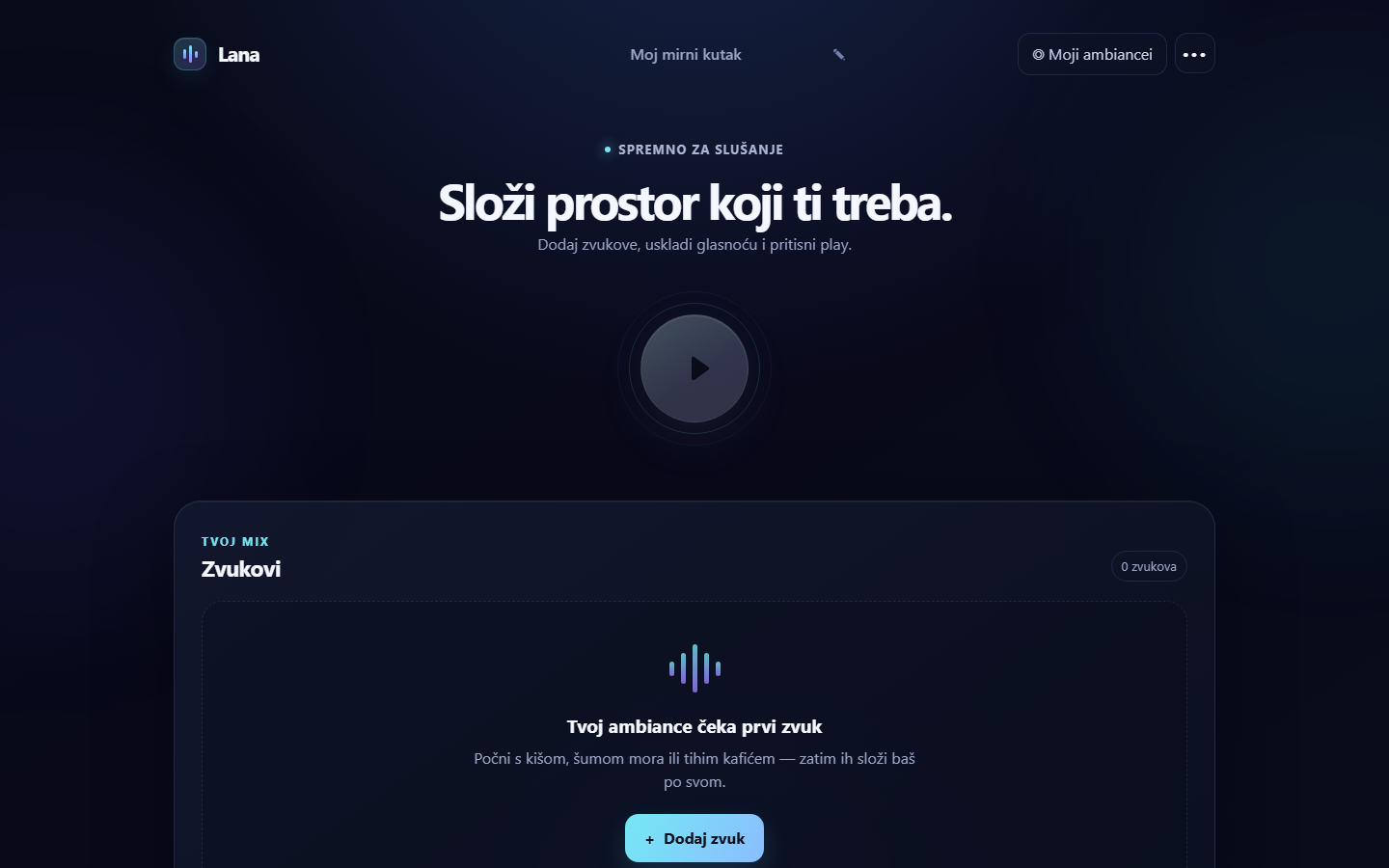 Stvarni prikaz Lana ambience miksera s kontrolama za slaganje zvučnog prostora