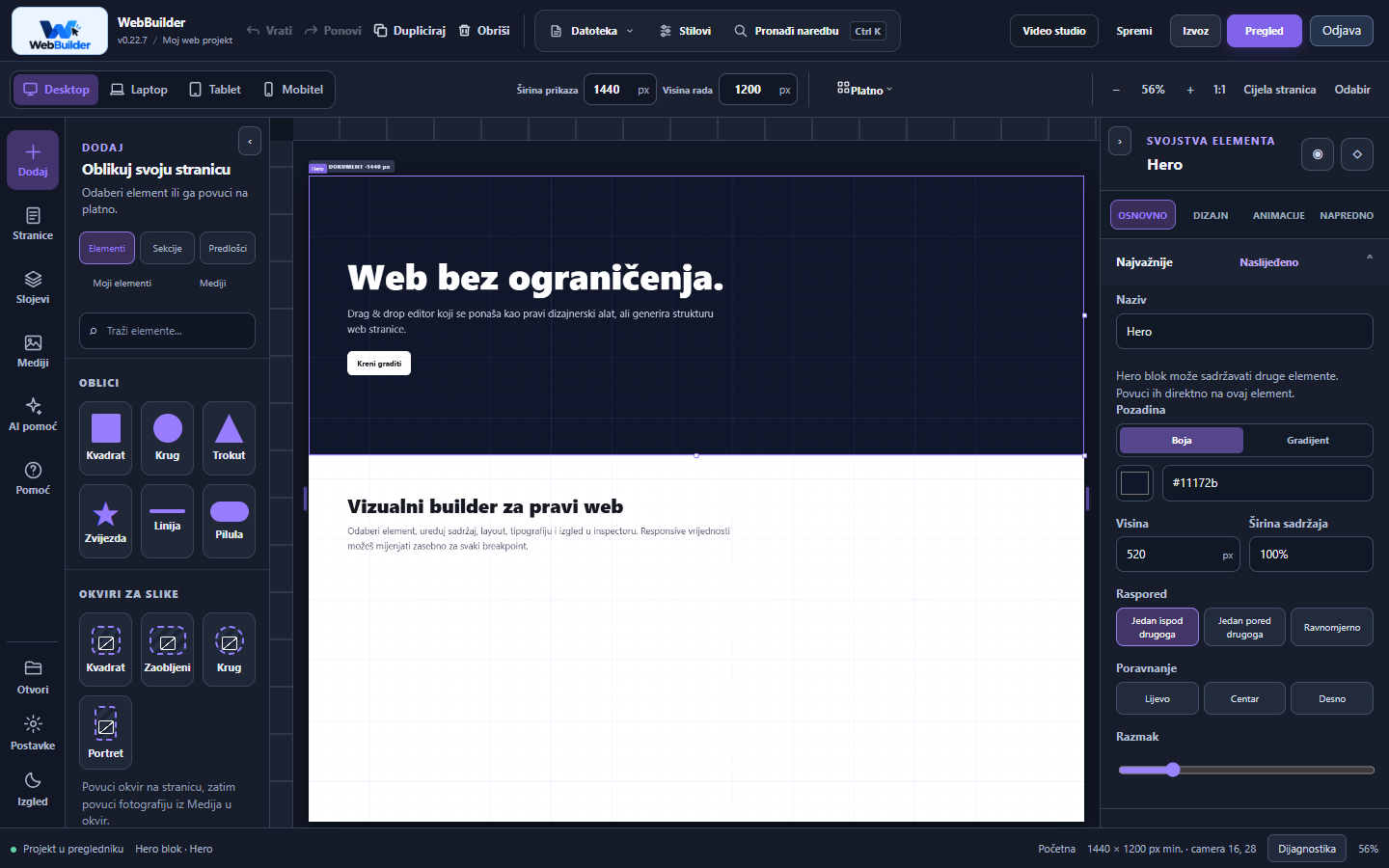 Stvarni prikaz WebBuilder editora s radnim platnom i panelima za elemente i svojstva